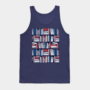 Colourful books // oxford navy blue bookshelf background neon red flesh coral white classic and pastel blue books Tank Top